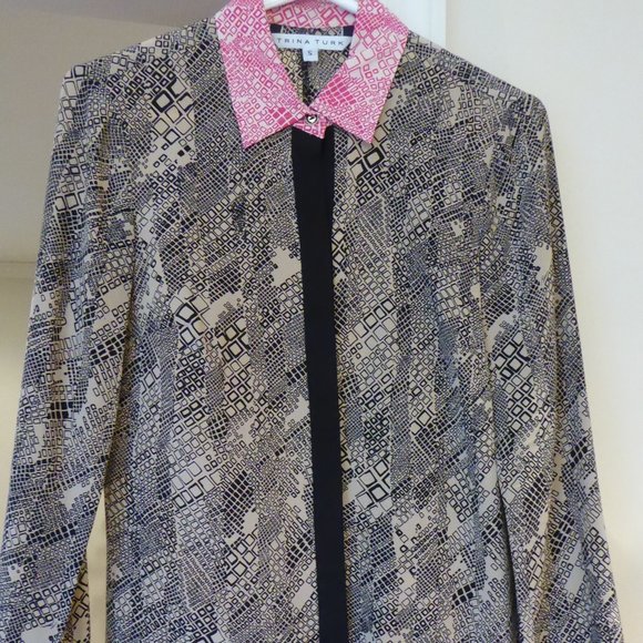 Trina Turk Meadows Top Button-up Silk Blouse Shirt Pink Tan Black Geo Pattern SM - Picture 1 of 15